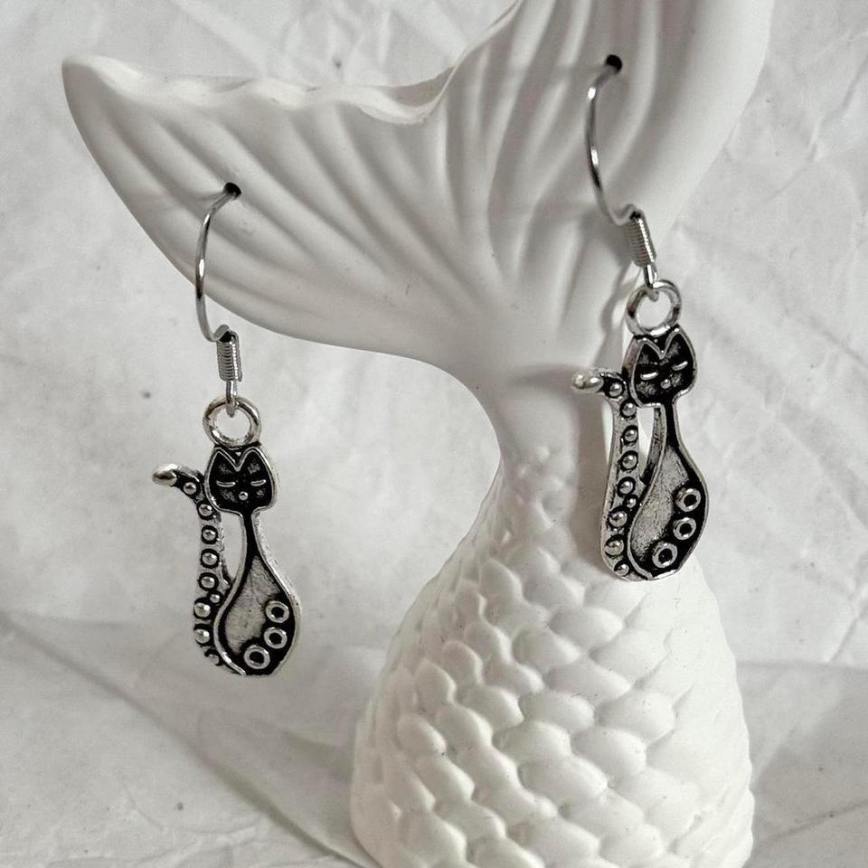 Cat Drop Earrings Handmade Brass 503b 3