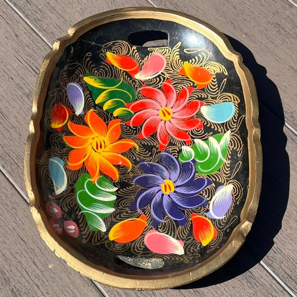 Vintage Hand Painted Wood Lacquered Floral 8711 5