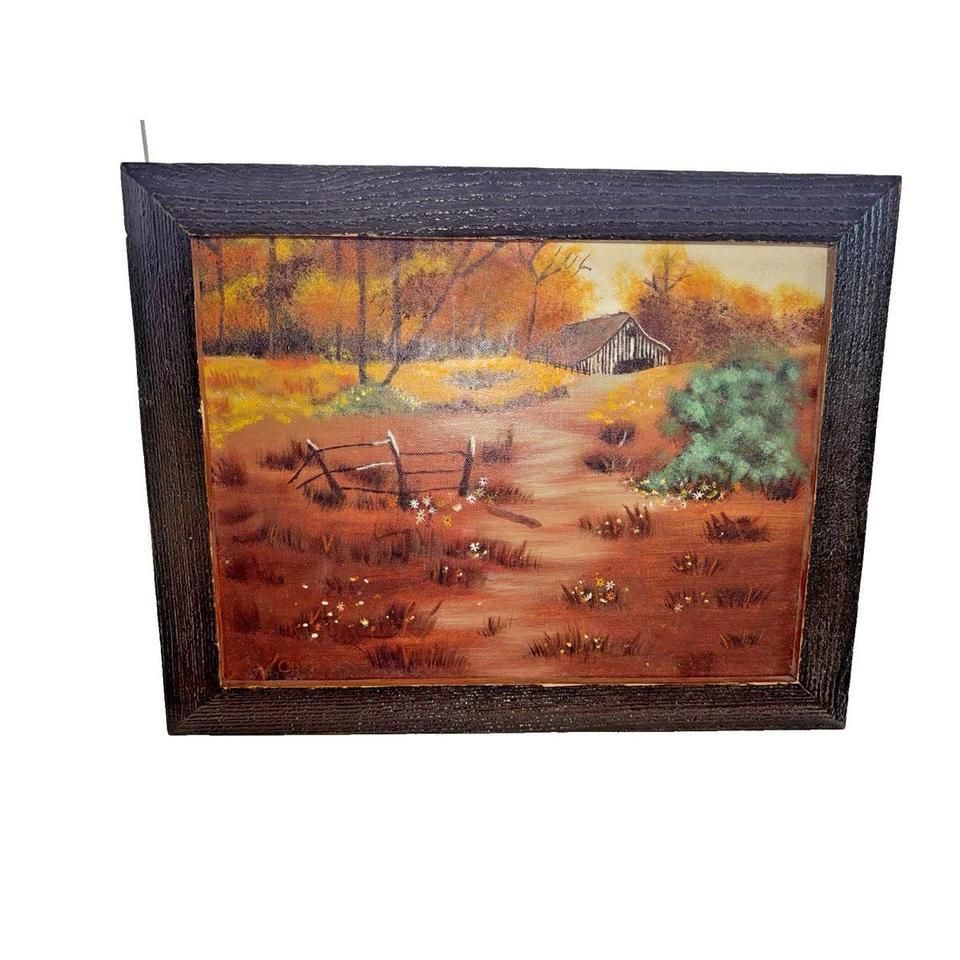 Vintage Barn With Landscape Oil 040f