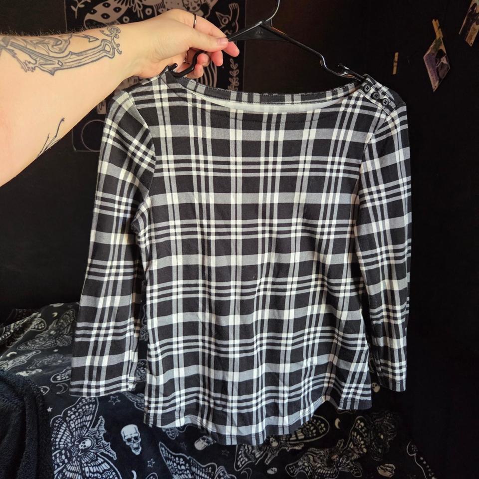 White Black Plaid Button 978b
