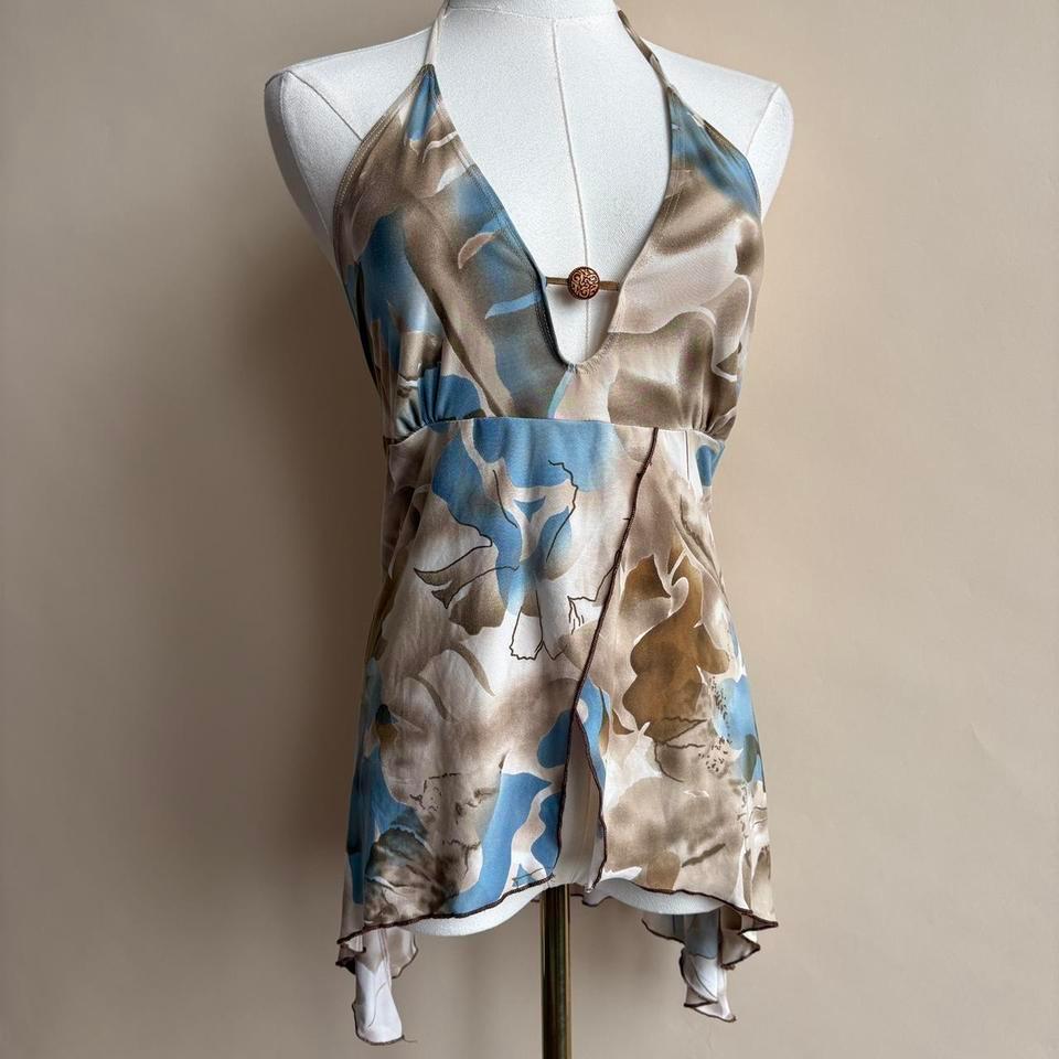 Blue Tan Floral Watercolor Halter 237f