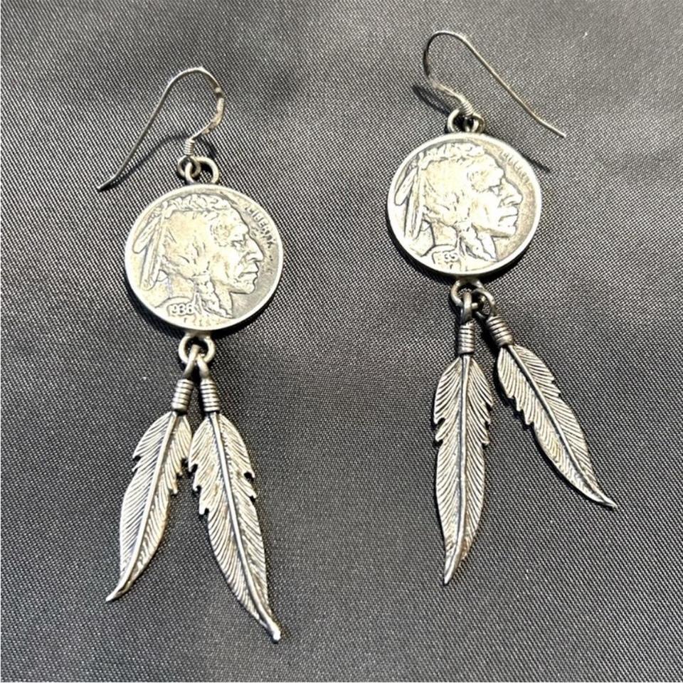 Silver Buffalo Nickel Feather Earrings