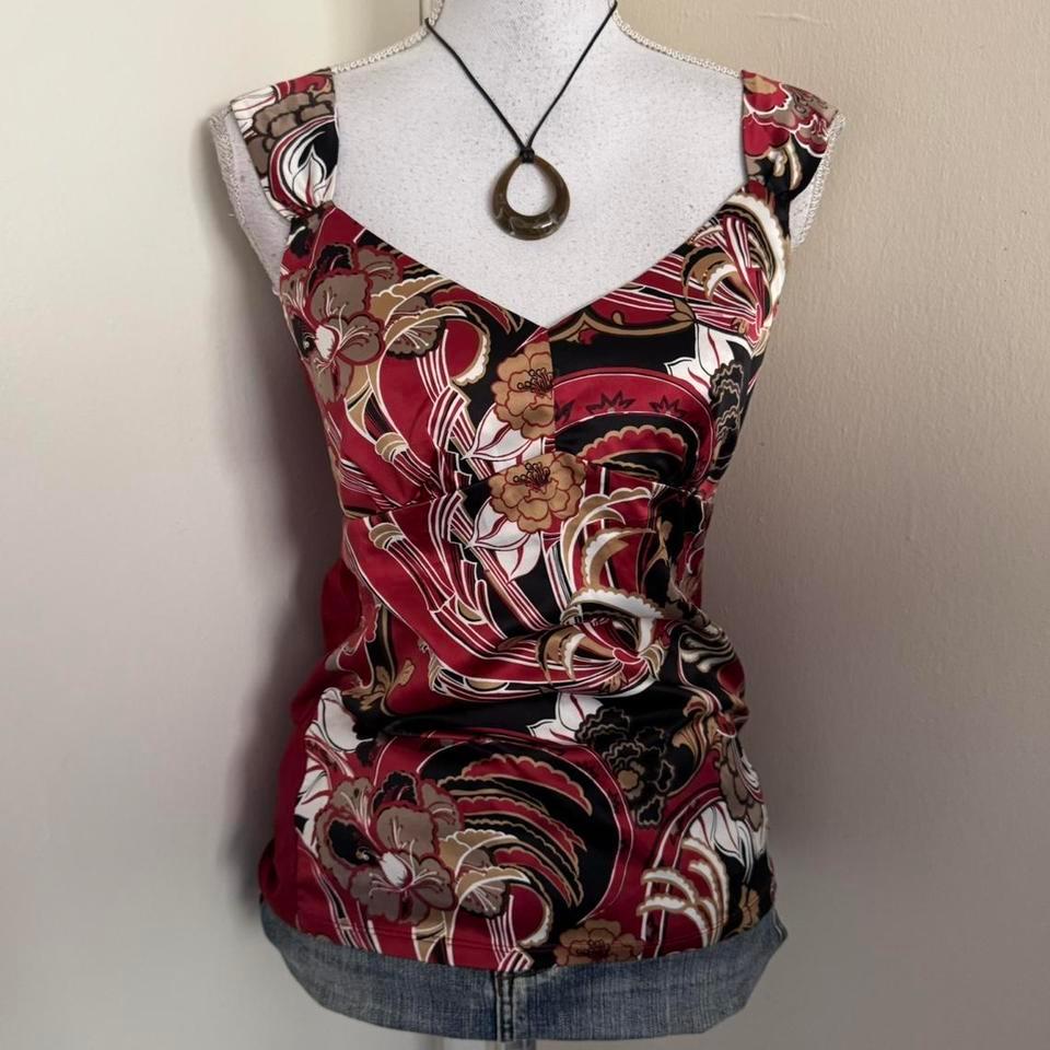 Y2k Red Satin Floral Top 7e19 5