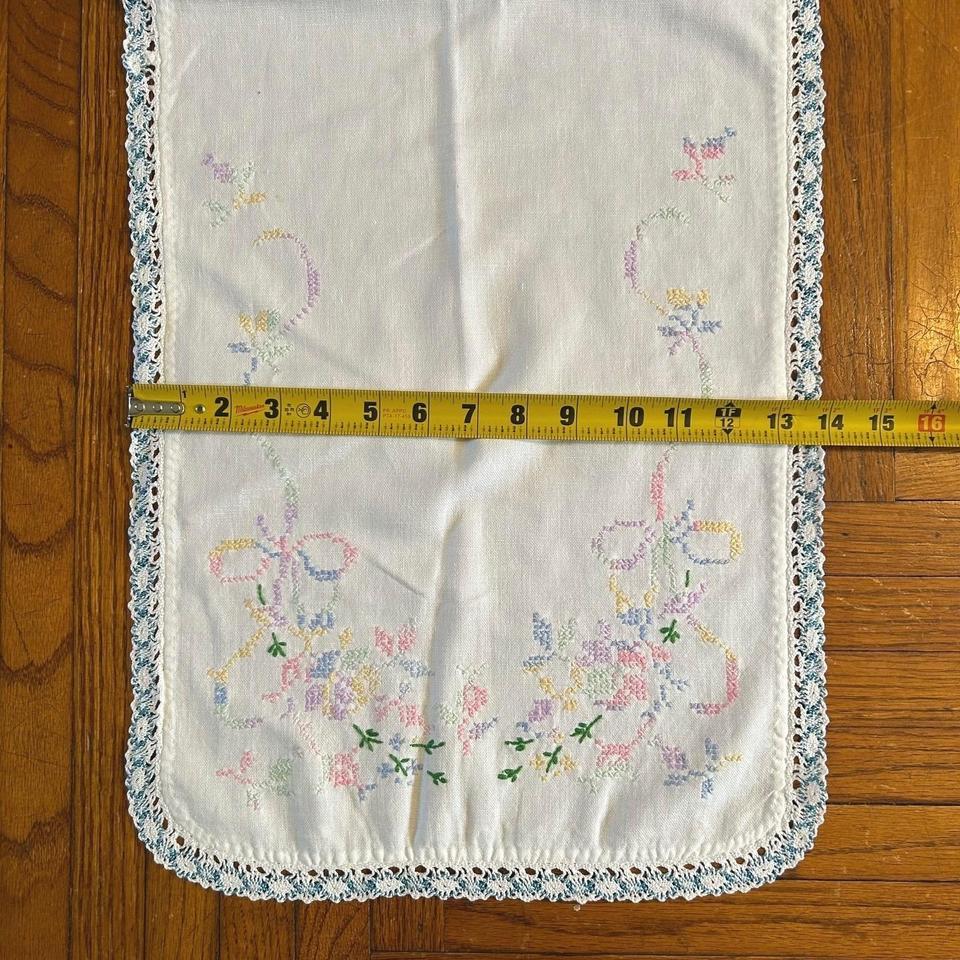 Vintage Embroidered Floral Runner White E713 6