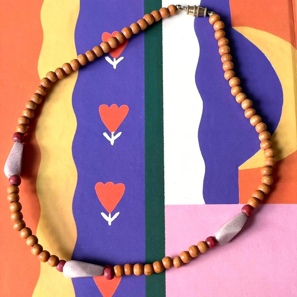 Vintage Wooden Beaded Choker Necklace C6d2