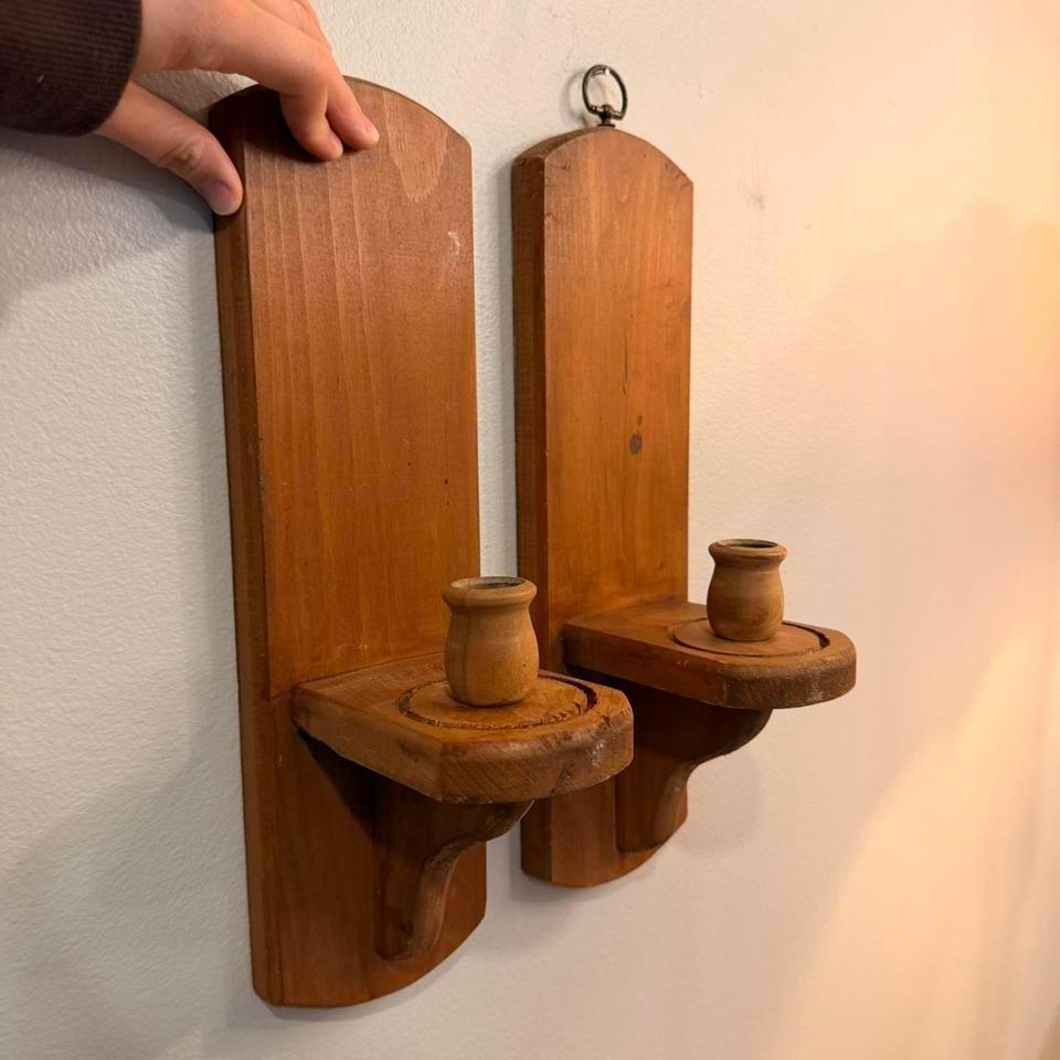 Vintage Wooden Candle Sconce Set F614 7