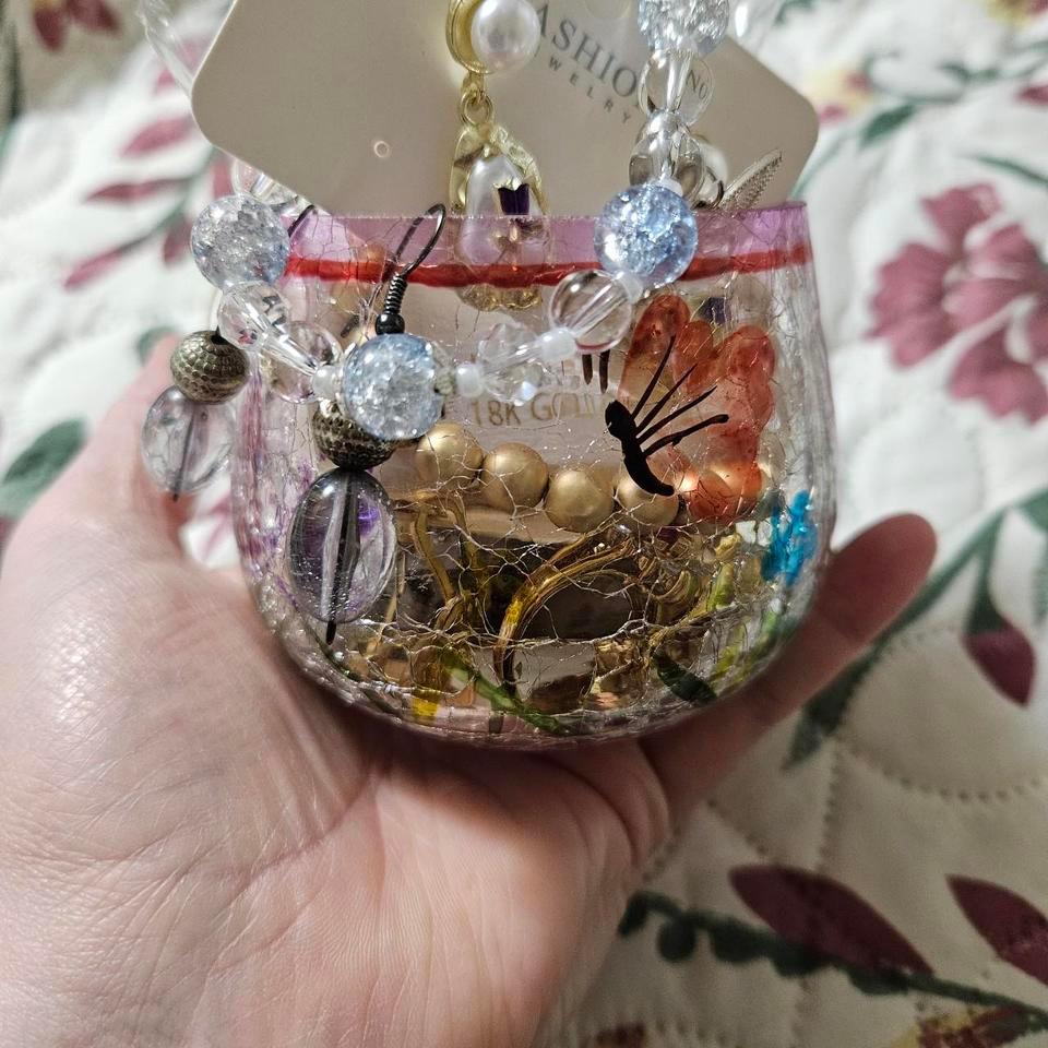 Jewelry Jar Cute Crackled Glass A2fa