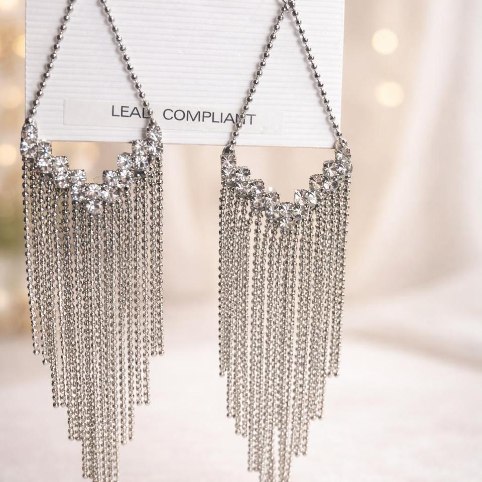 Silver Rhinestone Tassel Earrings Glamour 1c86