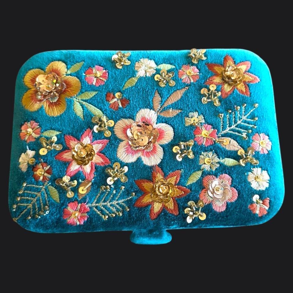 Teal Blue Velvet Embroidered Eed0