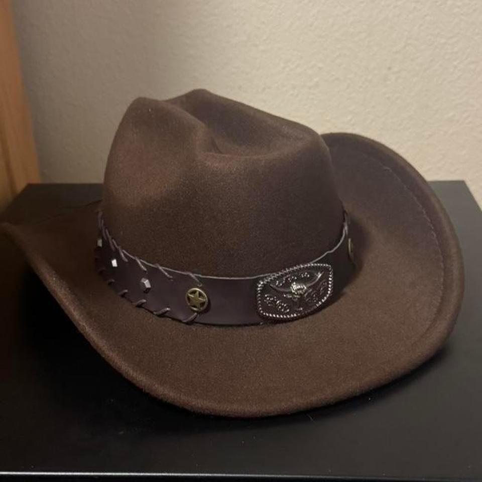 Brown Cowboycowgirl Hat With Leather Ac6f