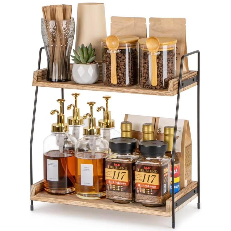 Two Tier Wooden Coffee Station Organizer 1f9c
