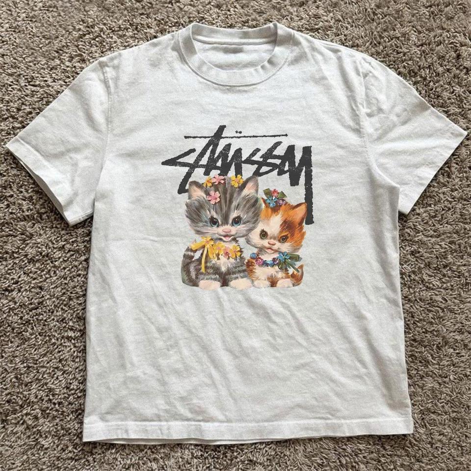 White Stussy Cat Tee Skater B171