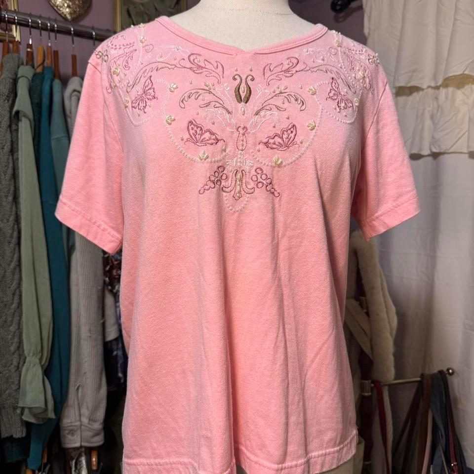 Vintage Pink Butterfly Beaded Tee 82c7 2