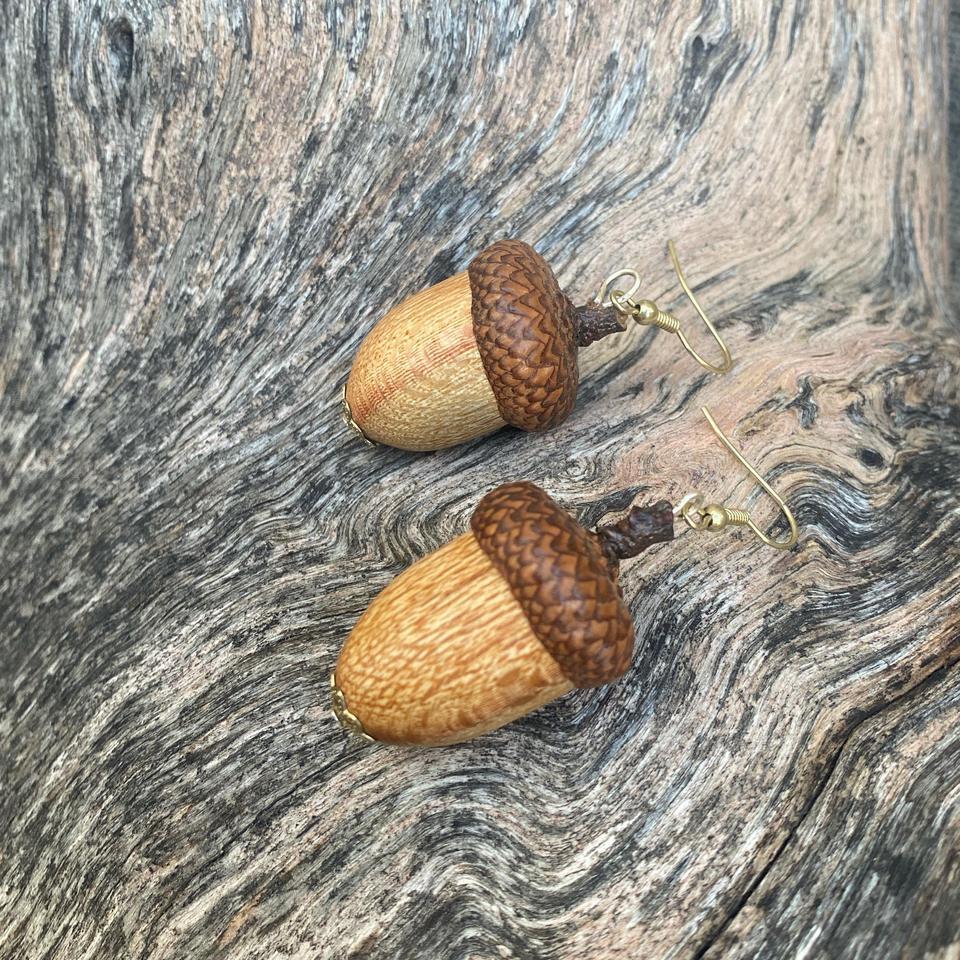 Handmade Wood Acorn Earrings With 2