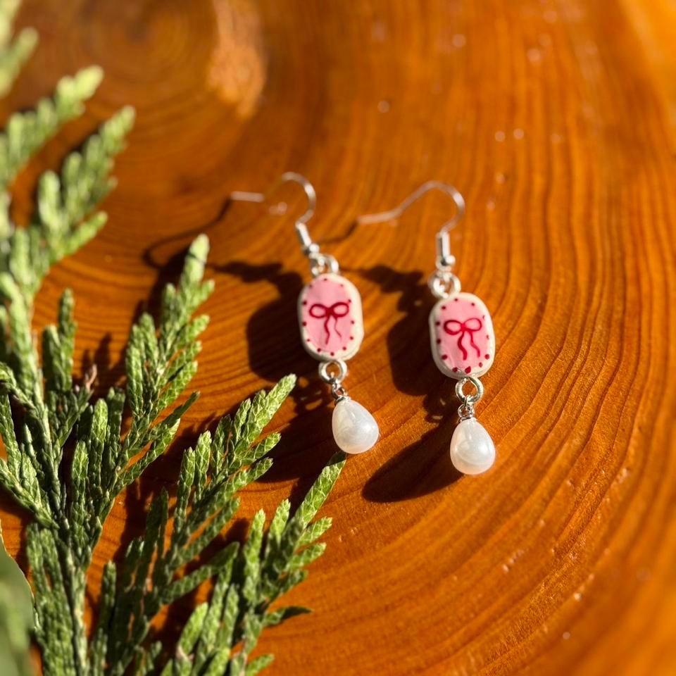 Handmade Clay Pink Bow Earrings D01b
