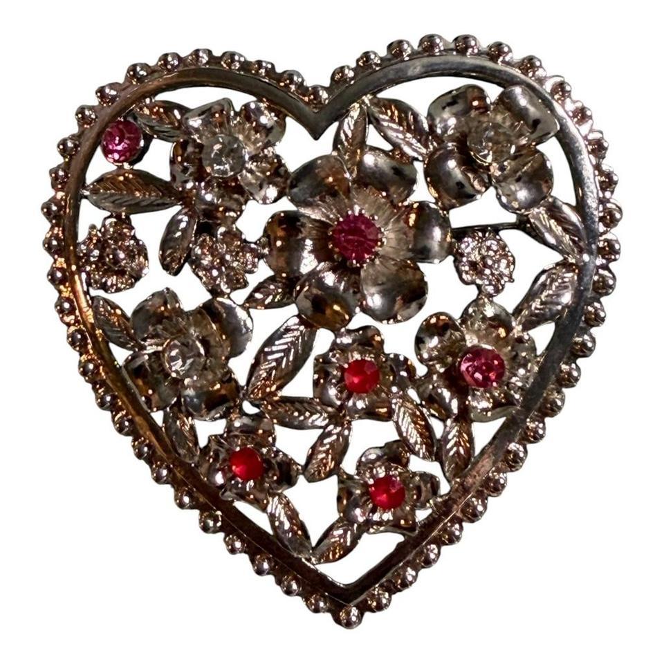 Silver Heart Brooch With Red 664a