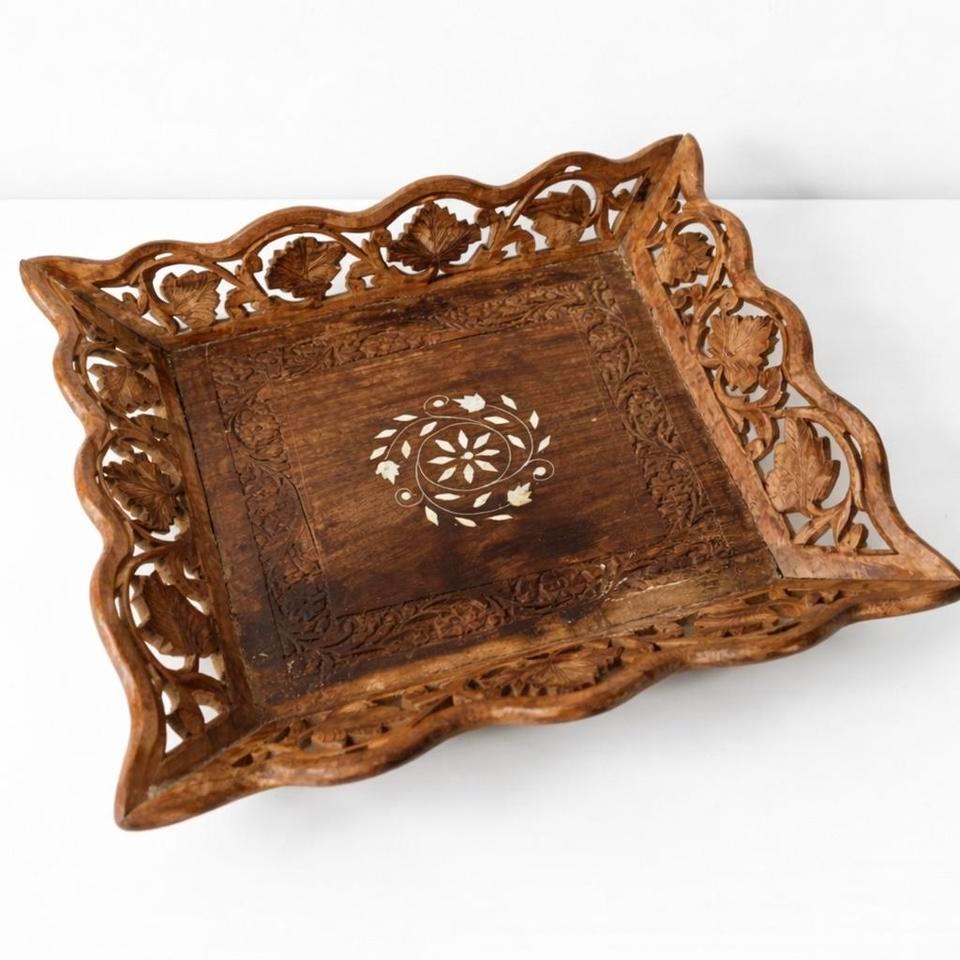 Beautiful Vintage Hand Carved Wooden Tray F1a2