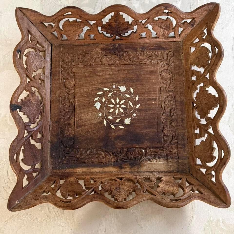 Beautiful Vintage Hand Carved Wooden Tray F1a2 2