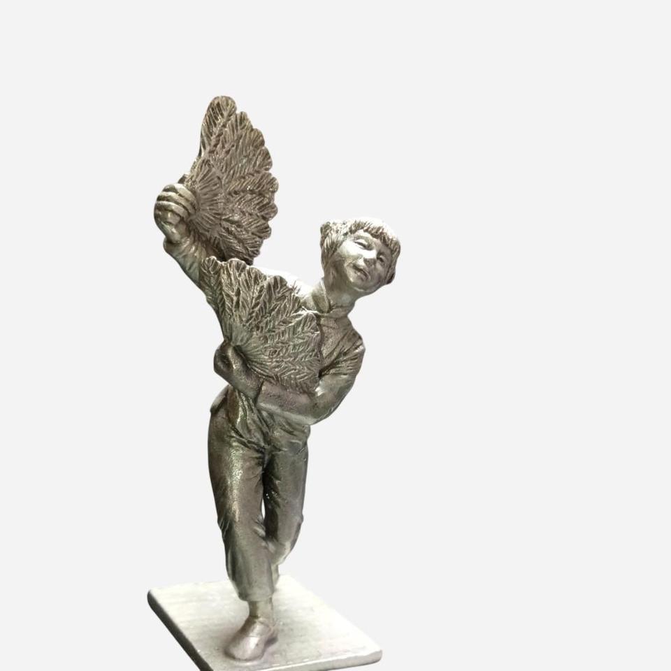 Pewter Chinese Fan Dancer Statue 0ceb