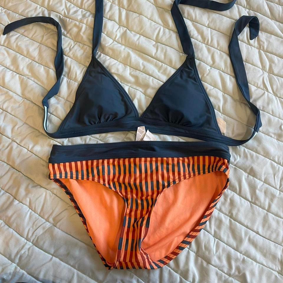 Navy And Orange Striped Bikini