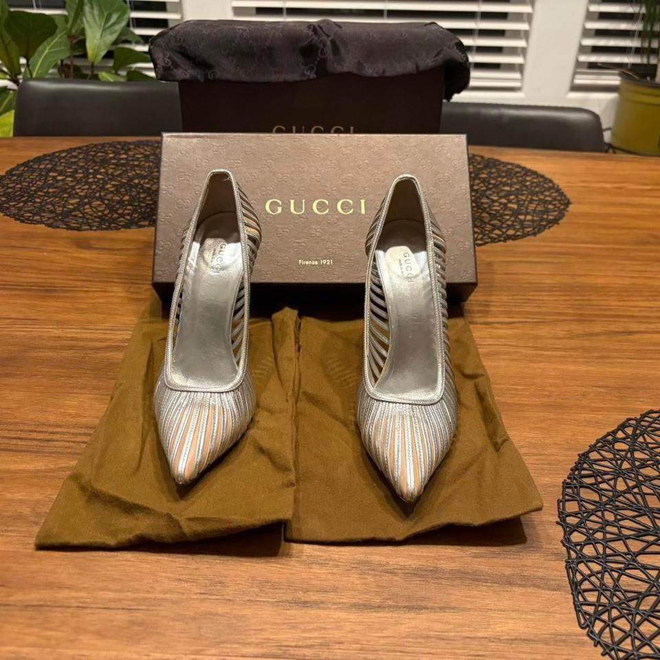 Silver Gucci Cage Pump Heels