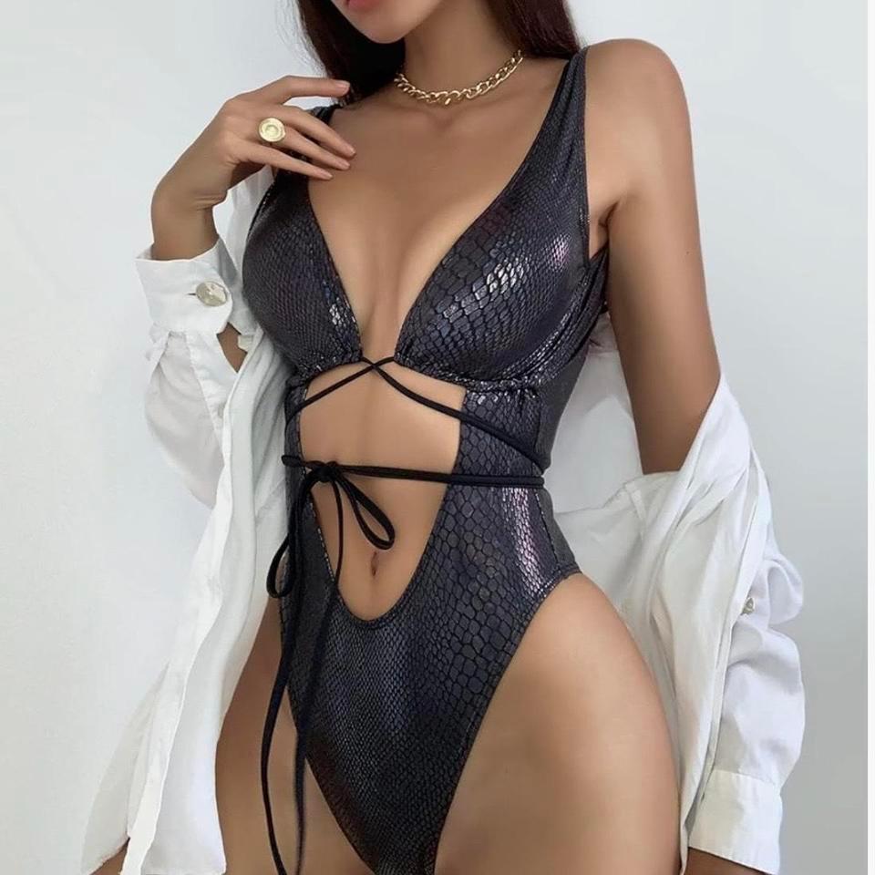 Black Snakeskin Print Monokini One Piece 77d3
