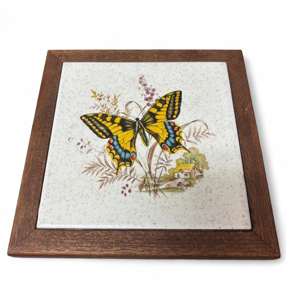Vintage Butterfly Tile Trivet Wood Cf9a