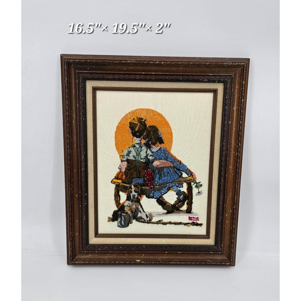 Vintage Hand Embroidered Rockwell Style Wall Art 9003