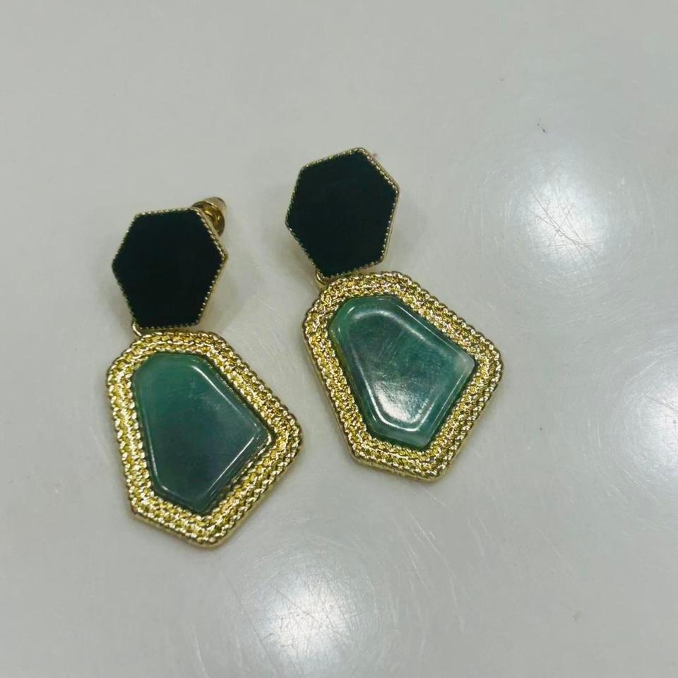 Green And Gold Hexagon Earrings Bc85