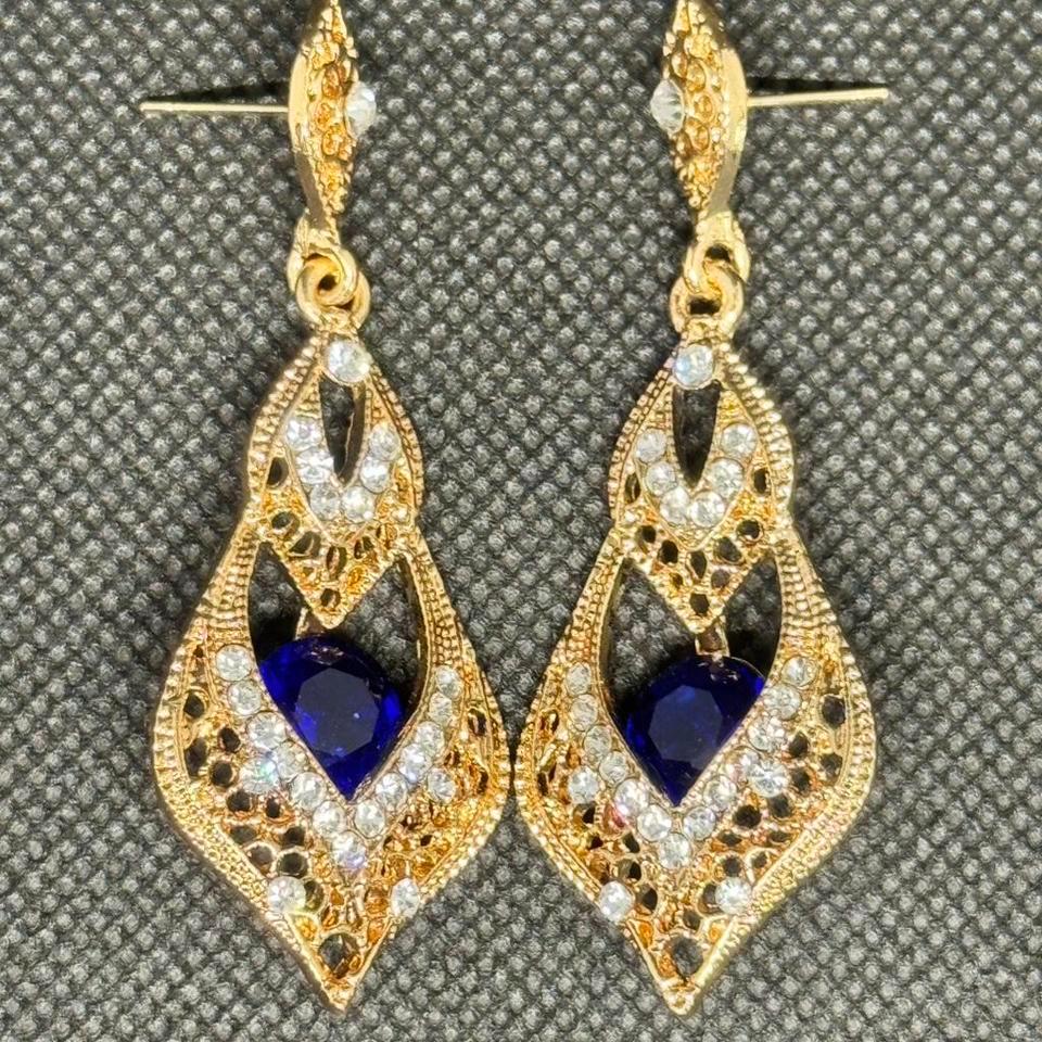 Gold Blue Rhinestone Heart Aca7