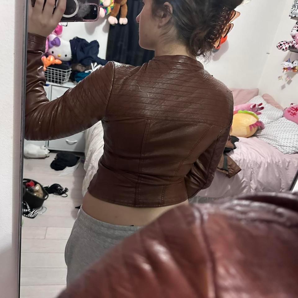 Brown Faux Leather Jacket With 4