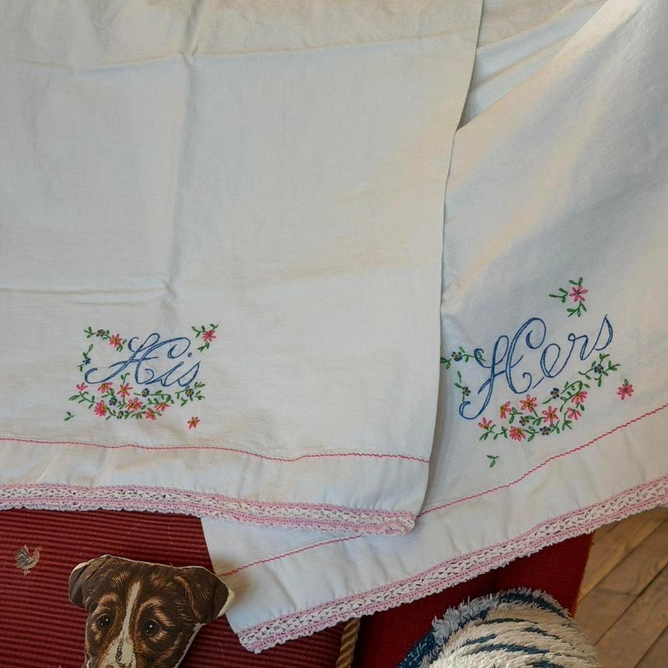 Vintage Embroidered Pillowcases His And 3