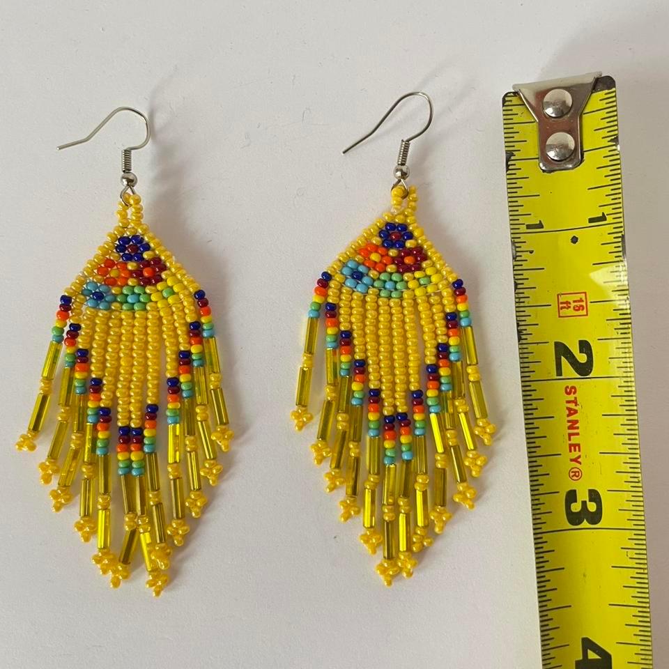 Yellow Beaded Fringe Earrings Handmade C33c 4