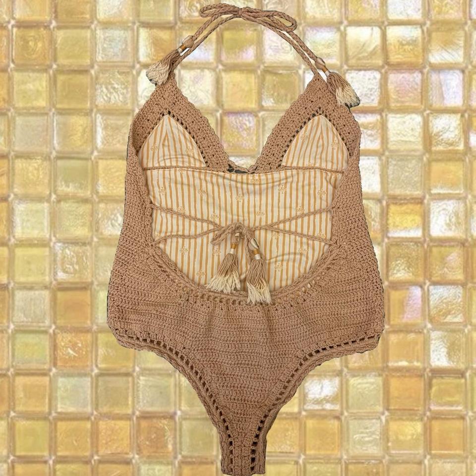 Tan Crochet One Piece Swimsuit 4504 2
