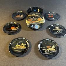AIZU Made In Japan Vintage Black Laquerware Set Mid 1950’s Lidded Box w/coasters