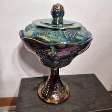 Vintage Indiana Carnival Glass Harvest Grape Blue Iridescent Pedestal Candy Dish