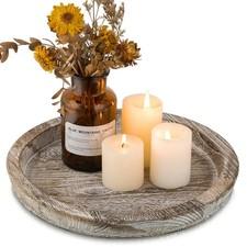 Candle Plate Holder Tray: Round Wood Decorative Whitewash