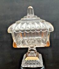 Vintage Jeanette Glass Covered Pedestal Wedding Box Candy Dish Compote Gold Trim