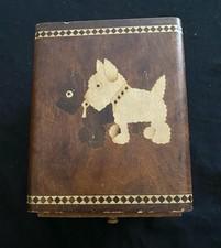 Vintage Trinket Box Dog Motif, 2 Drawers, Made in Japan, 1930-50s, wooden veneer