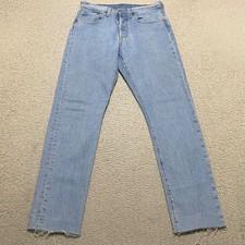 Levis 501 Jeans Womens 27x28 Blue Denim High Rise Button Fly Straight Raw Hem