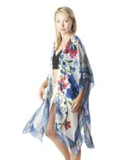 NEW Sheer Blue Floral Open Tie Front Split Side Kimono Cardigan Beach Cover Up