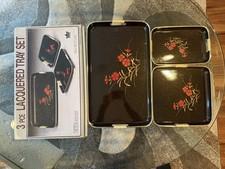 Vintage Japanese Trays Black LacquerWare 3pc Nesting Set
