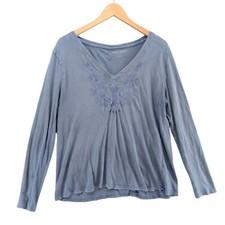 Soft Surroundings Embroidered Top Womens Blue Long Sleeve Cotton V Neck Sz L