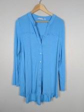 Soft Surroundings Shirt Sz L Blue Jersey Knit Ruffle Trim Button Tunic 169