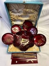 vintage 1950's Japanese lacquerware set Bird motif Serving Plate set w/ box
