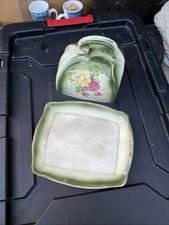 Green Floral Ceramic Square Butter Dish with Lid and Tray, Flowers Pattern