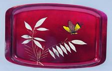 Vtg Lacquerware Tray Deep Red w/ Butterfly Bamboo 14" x 9" Japan