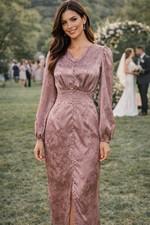 Veiled Collection XS Mauve Satin Jacquard Maxi Dress Puff Sleeve Coquette Twee