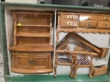 Wood Dollhouse Dining Room Set Table Chairs Cabinet Cupboard Chest Miniature