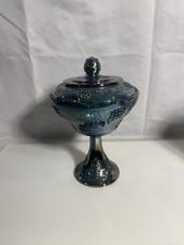 Vintage Indiana Harvest Grape Blue Carnival Glass Covered Pedestal Compote/candy